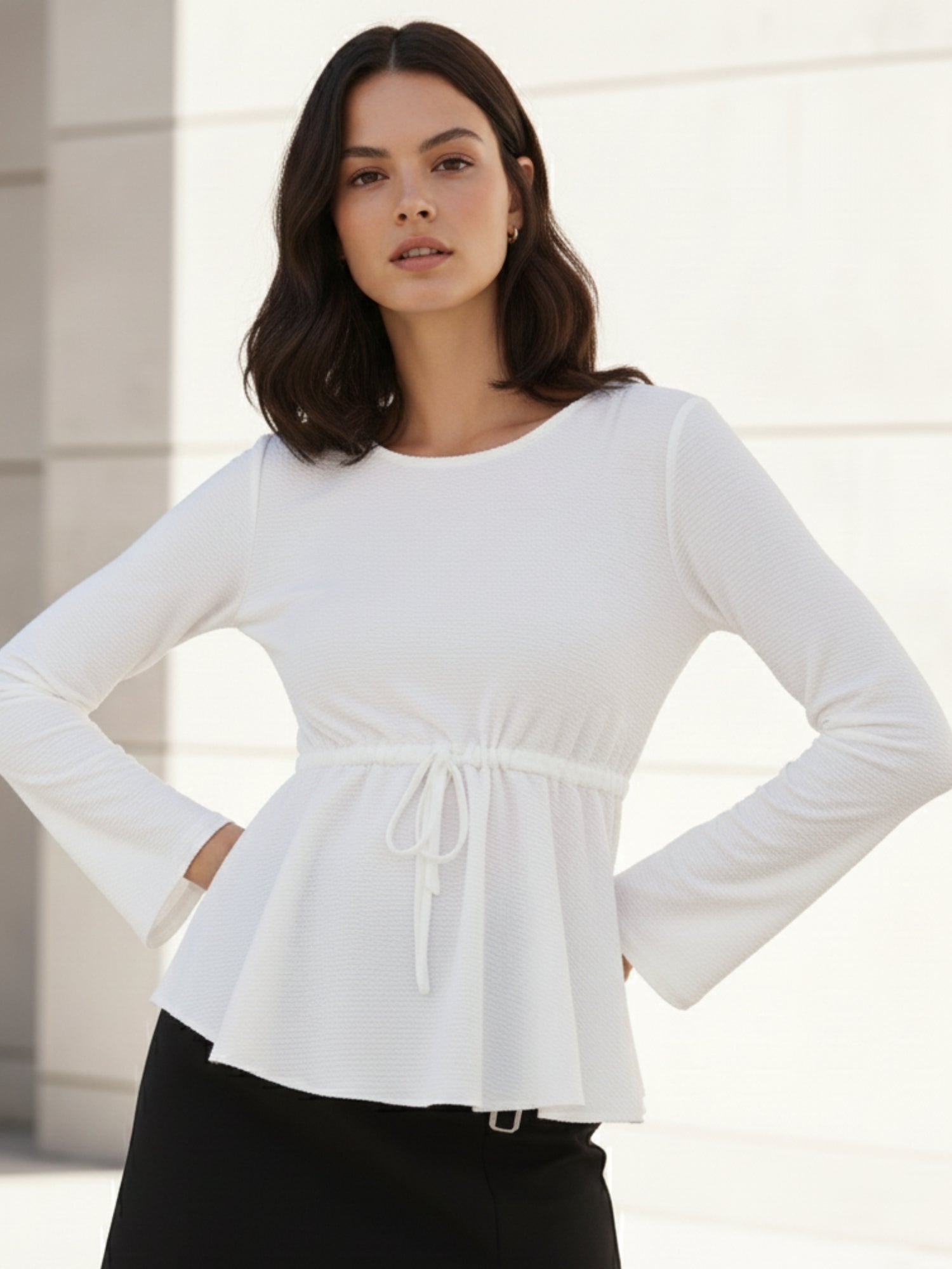 White Deep Round Neck Peplum Top With Full Sleeves