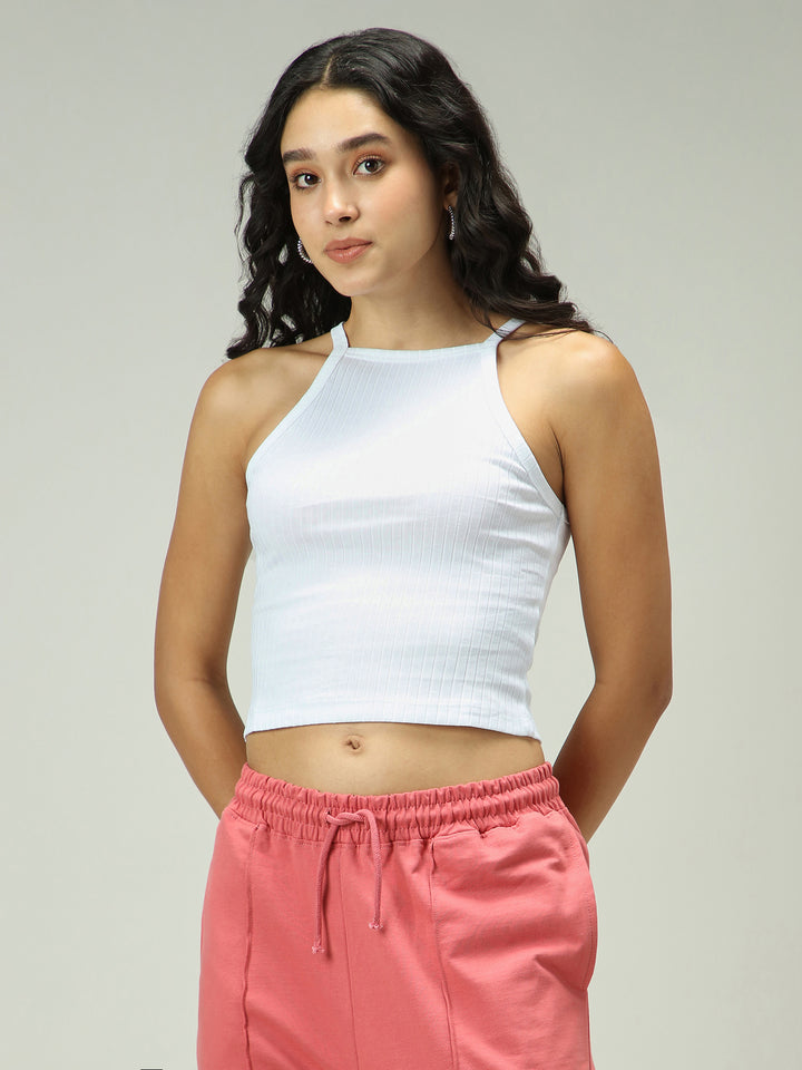 White High Neck Thick Spaced Rib Top