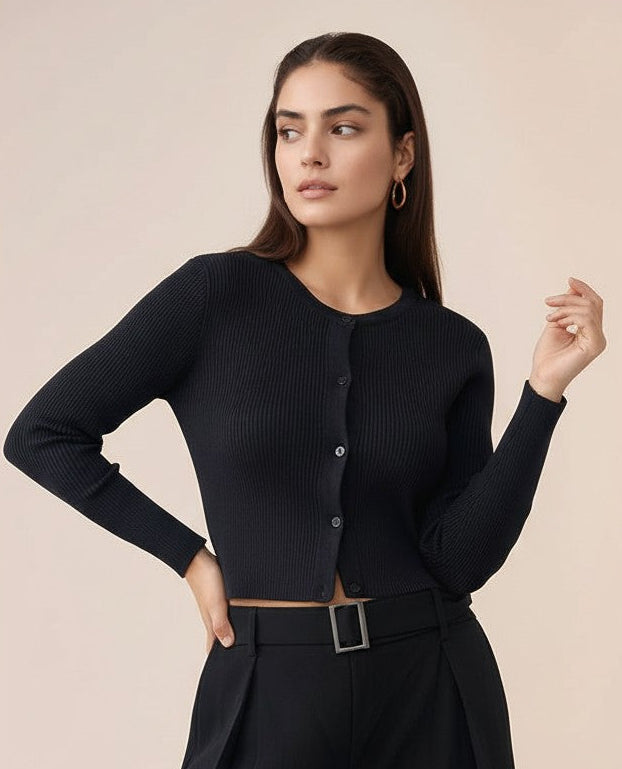 black-flat-knit-button-down-knit-top
