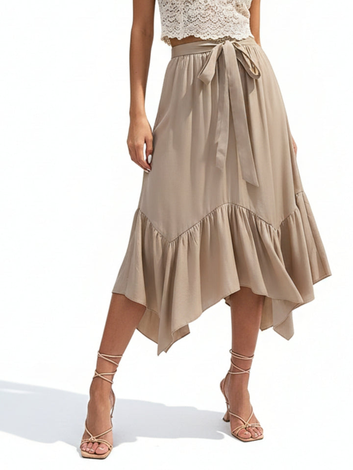 Tan High Waist Tie-Up Ruffle Hem Skirt