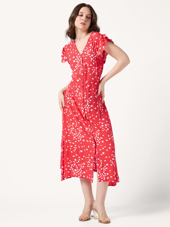 Red Printed Buttondown Dress