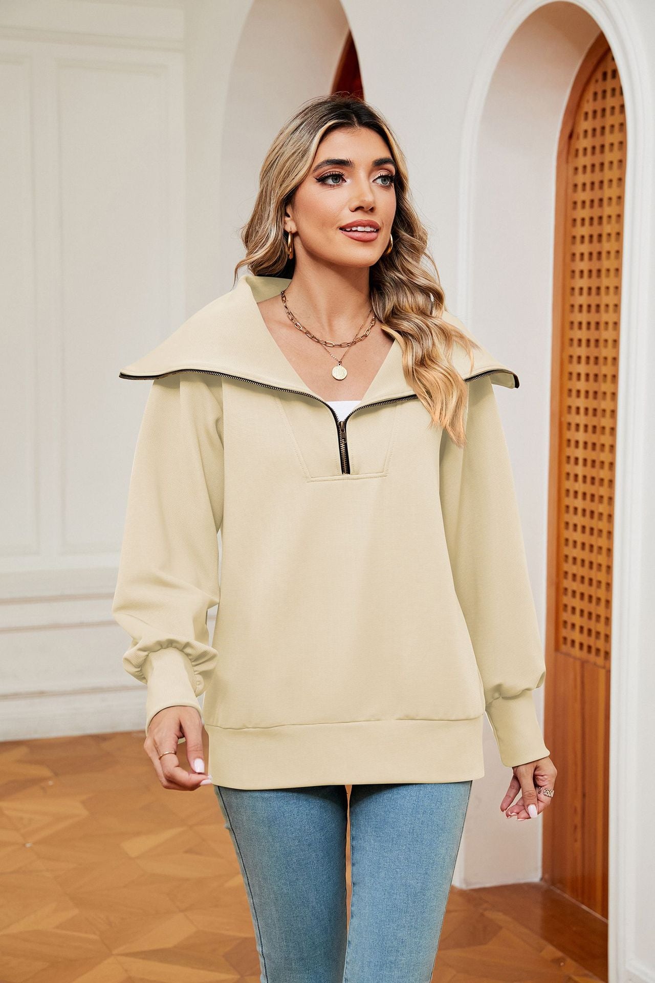 Cream Full Sleeves Big Collar Half Zip Sweatshirt