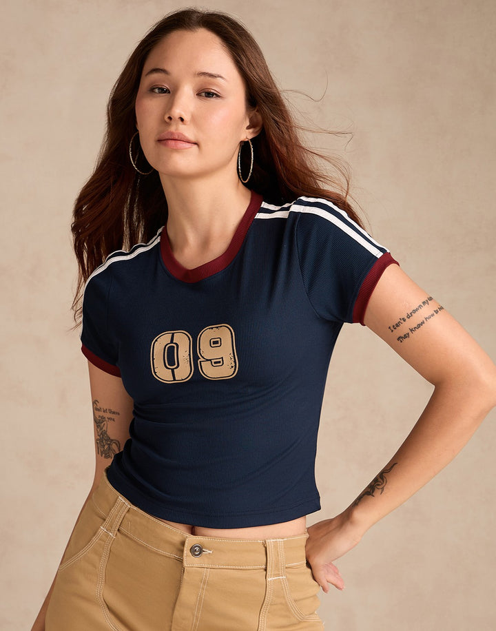 Navy Blue Graphic Fitted T-Shirt