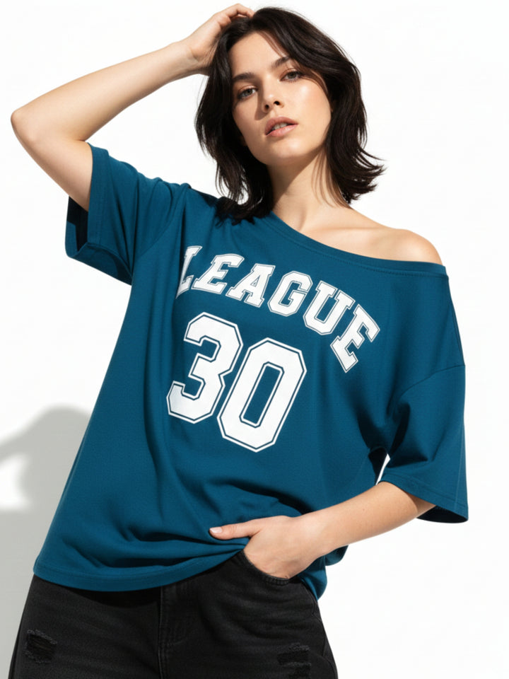 Teal Off-Shoulder Graphic Printed T-Shirt