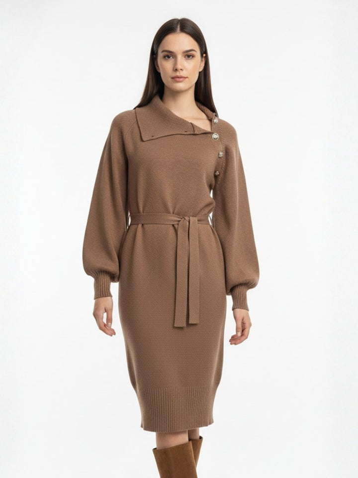 Brown Full Sleeve Neck Detail Dress
