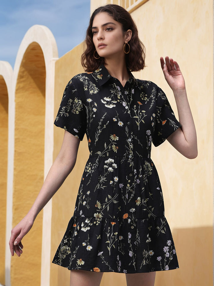 Black Printed Floral Tiered Dress