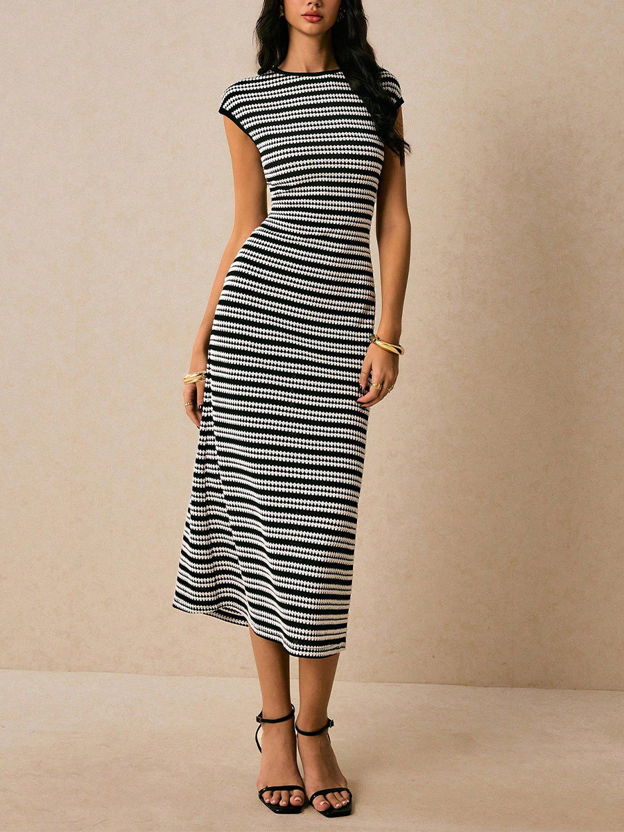 Black Short Sleeve Crew Neck Striped Dress