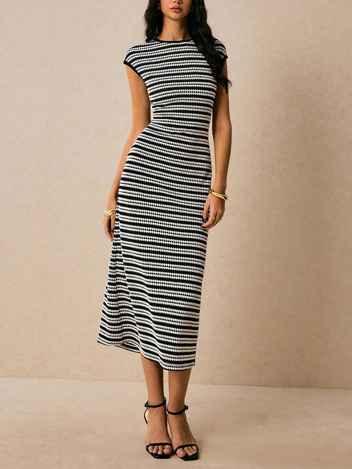 Black Short Sleeve Crew Neck Striped Dress
