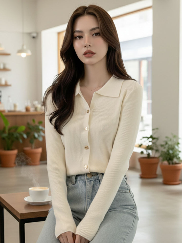 Cream Full Sleeve Collared Buttoned Top