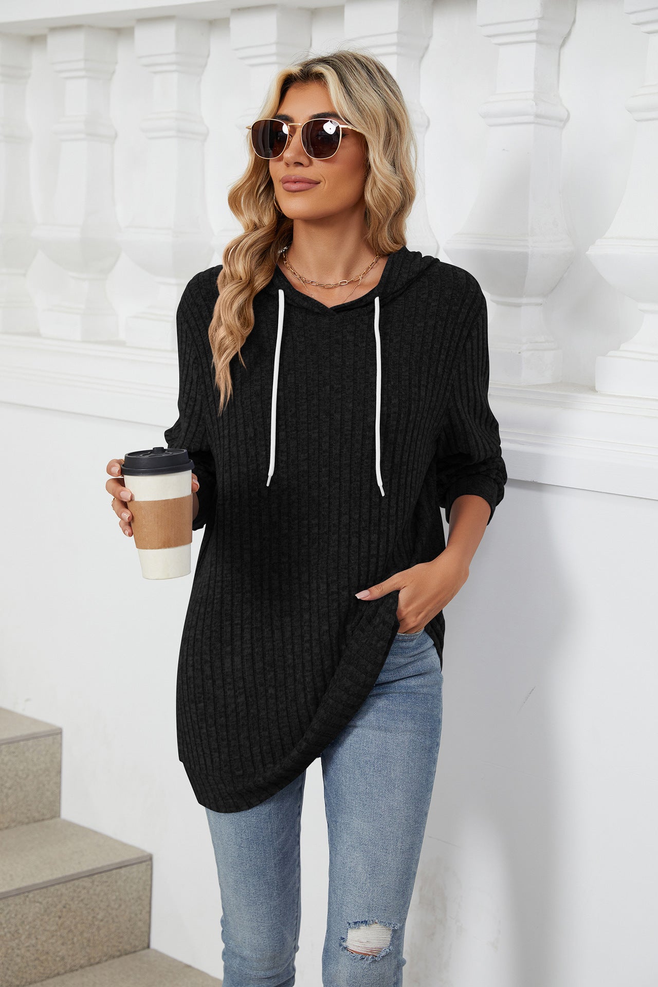Black Full Sleeves Solid Hooded Top