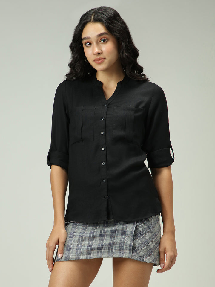 Black Solid V Neck Shirt
