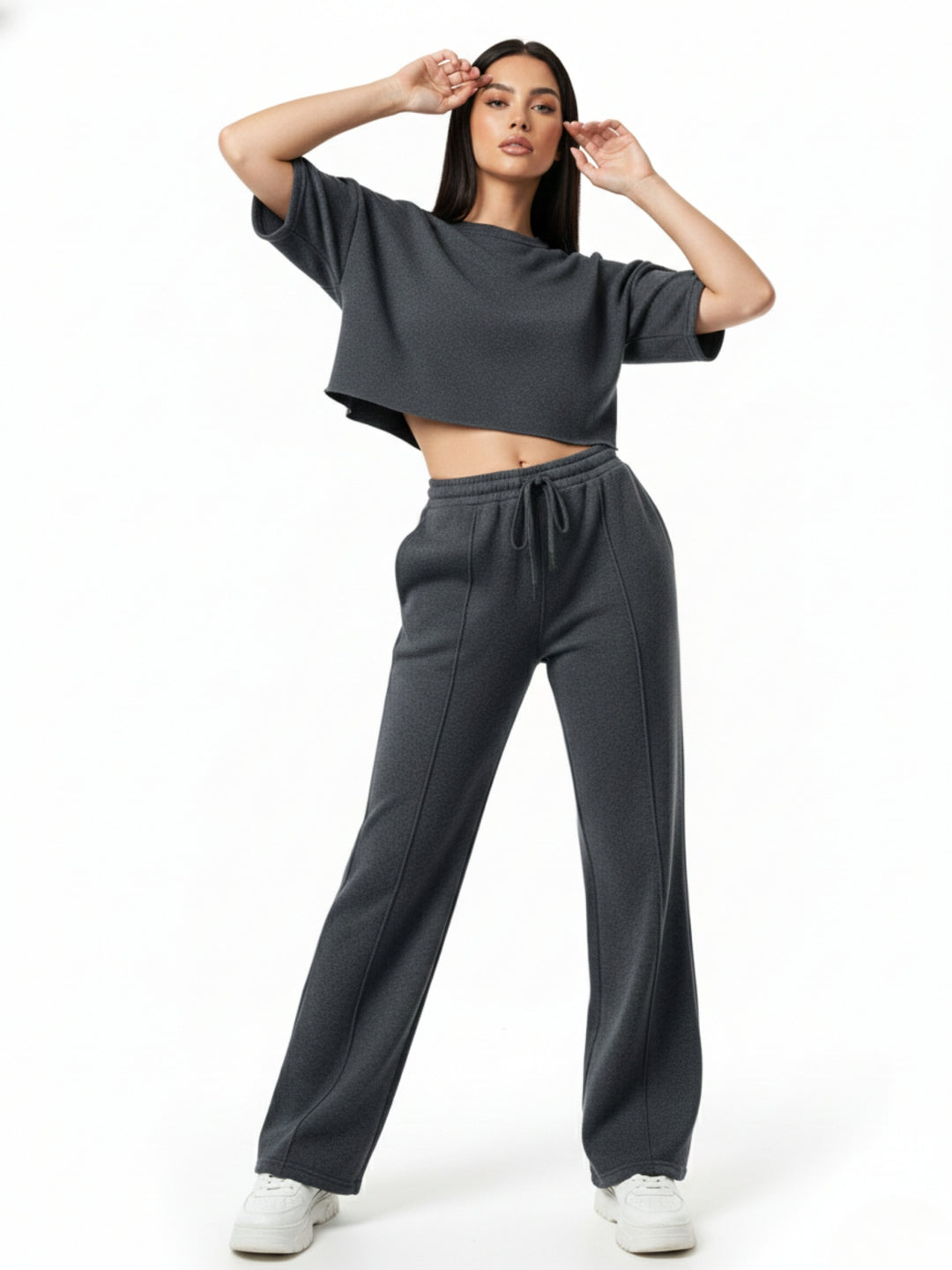 Charcoal Short Sleeve Crop Top And Pant Set