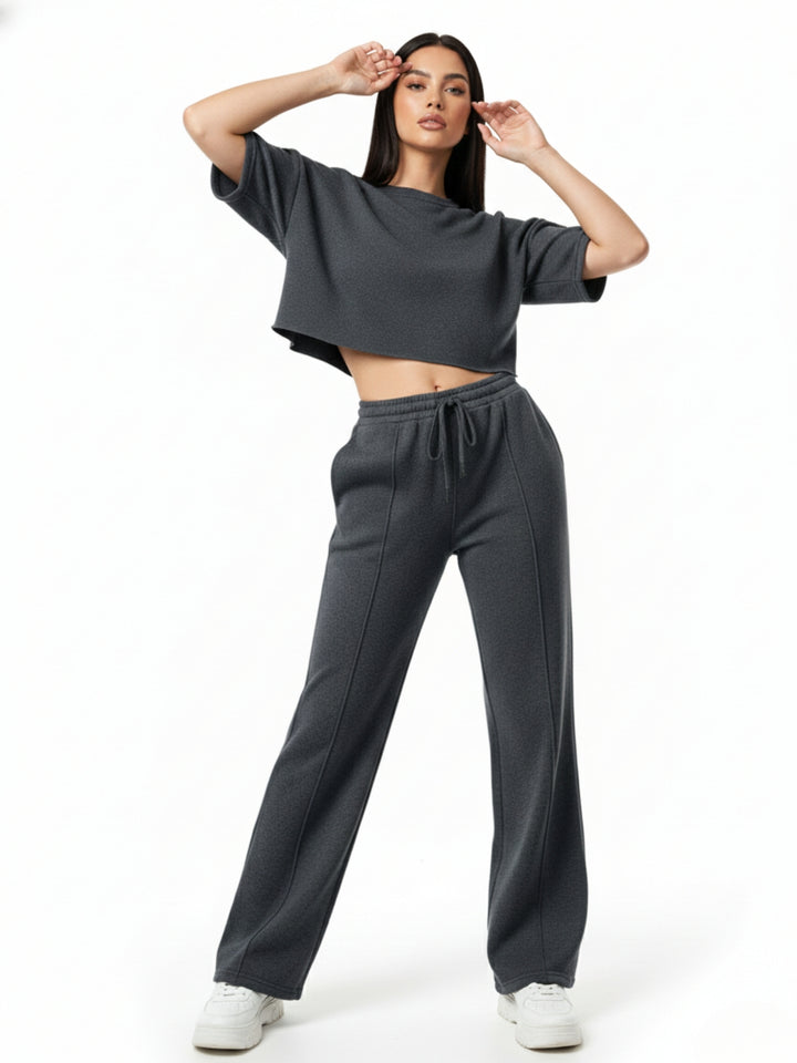 Charcoal Short Sleeve Crop Top And Pant Set