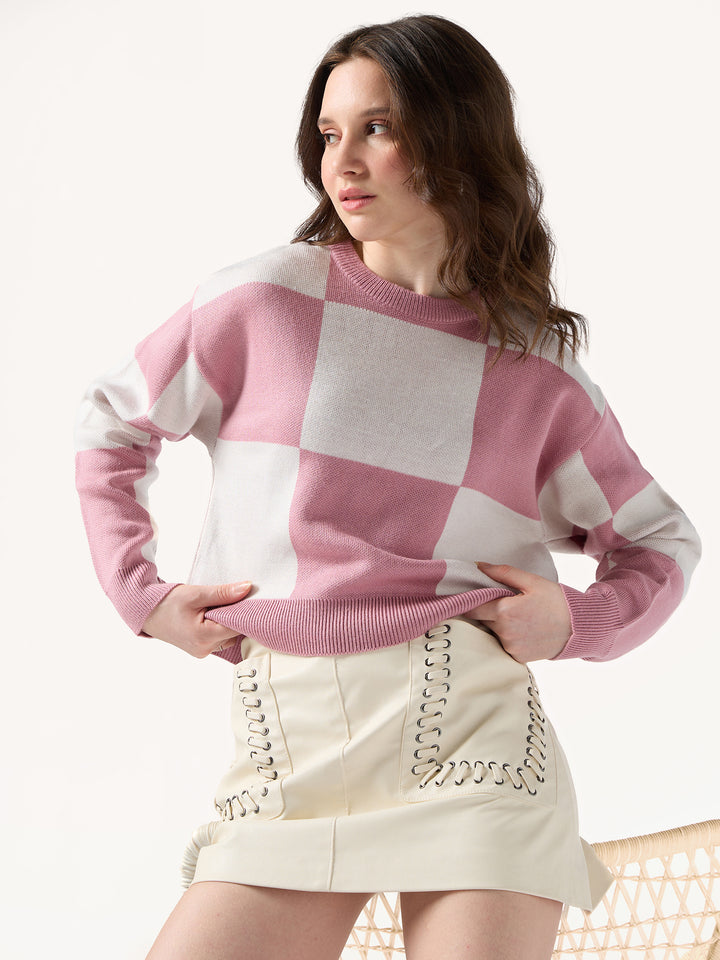 Pink Colour Block Checkered Sweater
