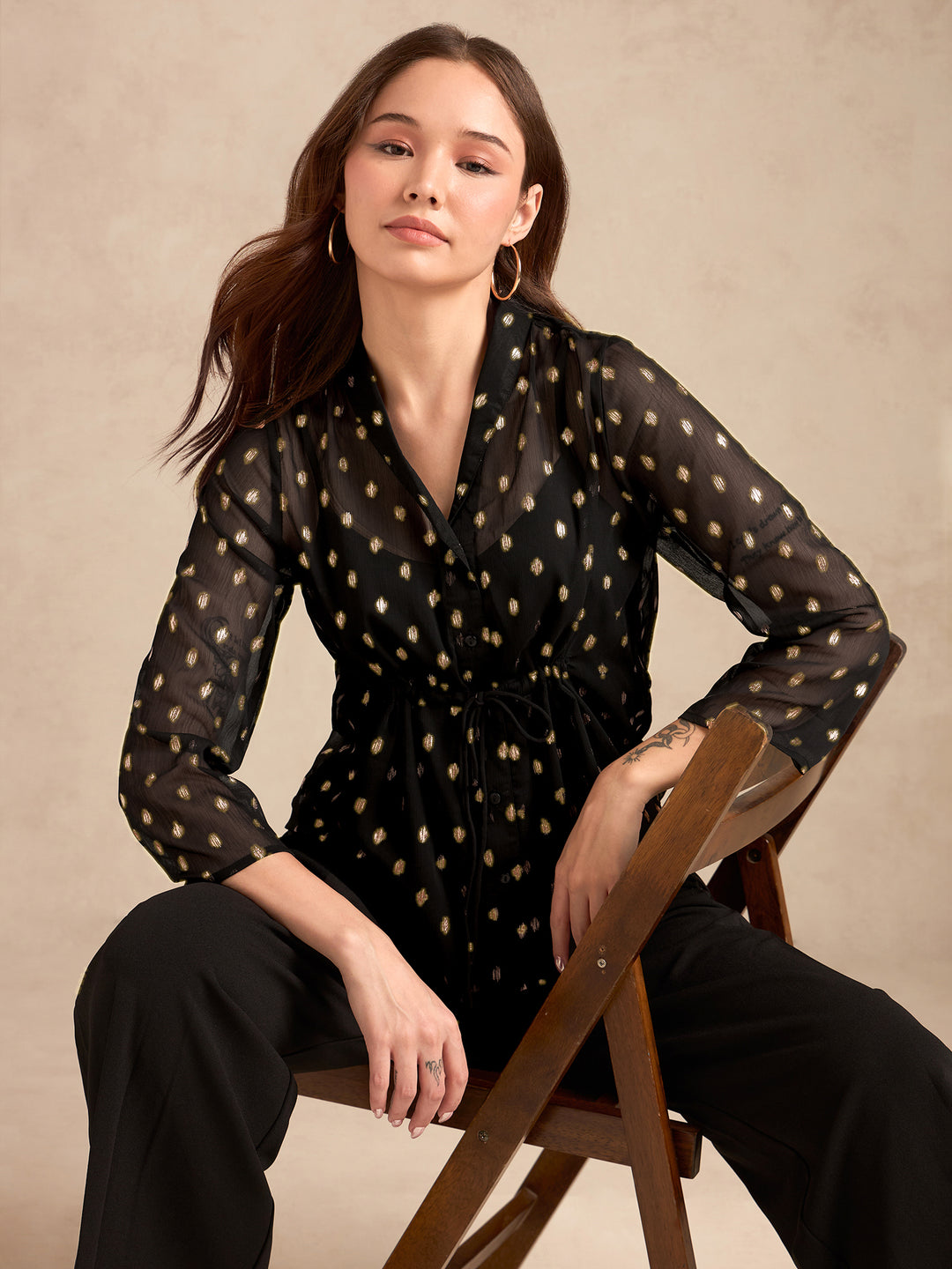 Black Printed Lapel Collar Blouse With Drastring Waist Detail