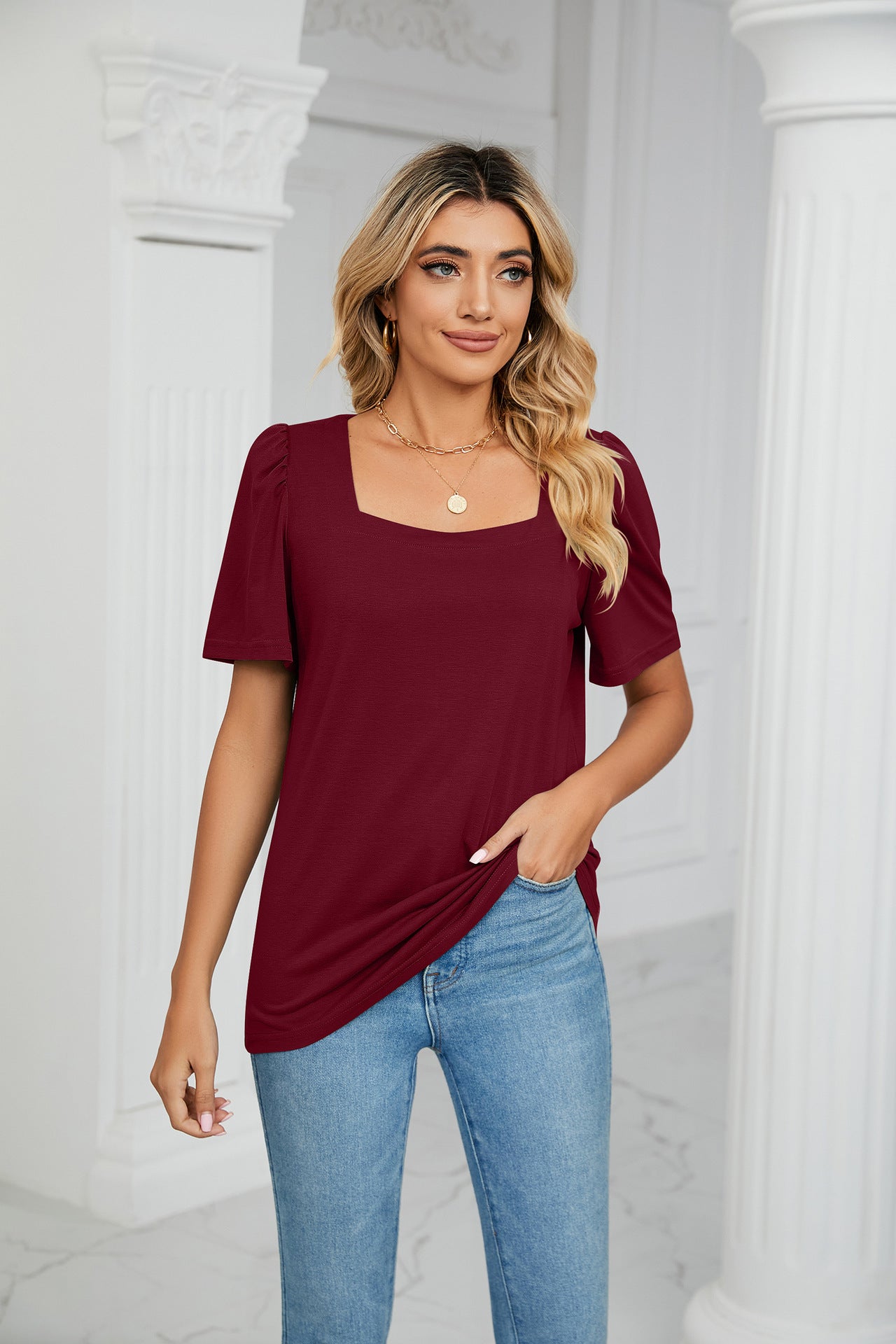 Burgundy Short Sleeve Square Neck Top