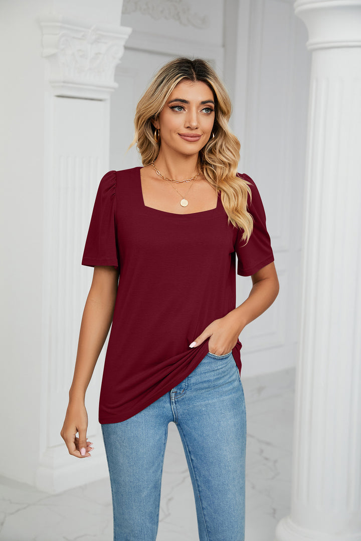 Burgundy Short Sleeve Square Neck Top