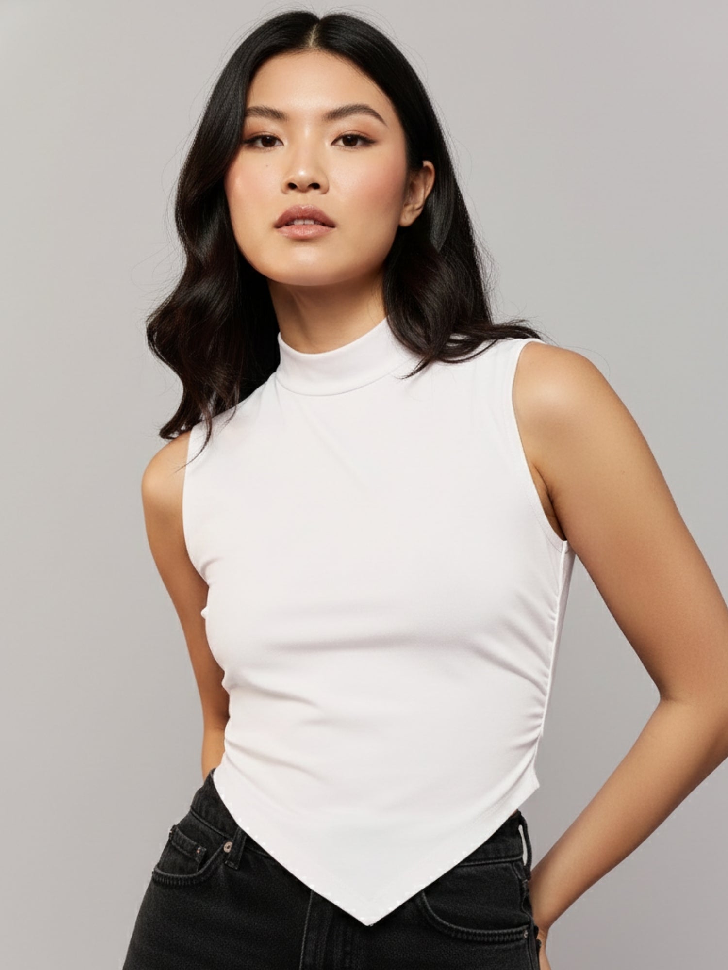 White High Neck Side Ruched Top