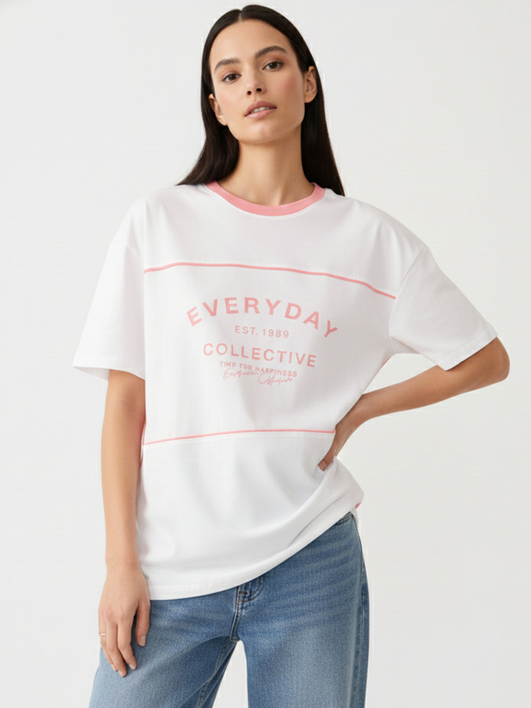 Pink Oversized T-Shirt With Graphic And Cut & Sew Highlights