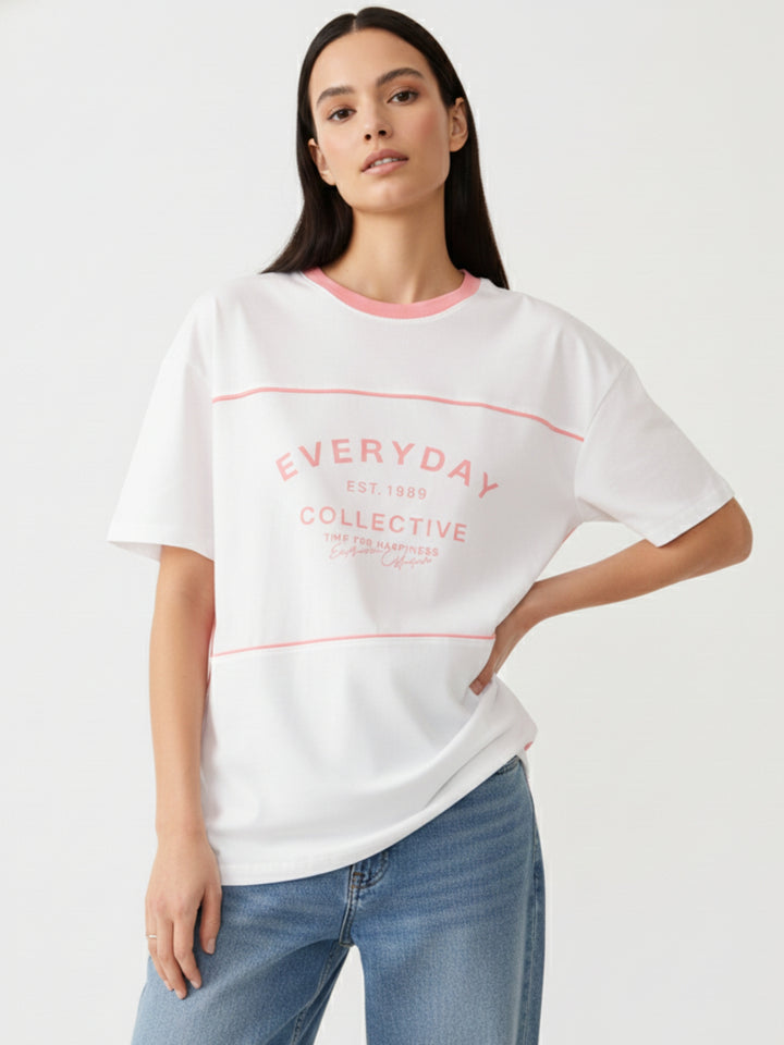 Pink Oversized T-Shirt With Graphic And Cut & Sew Highlights