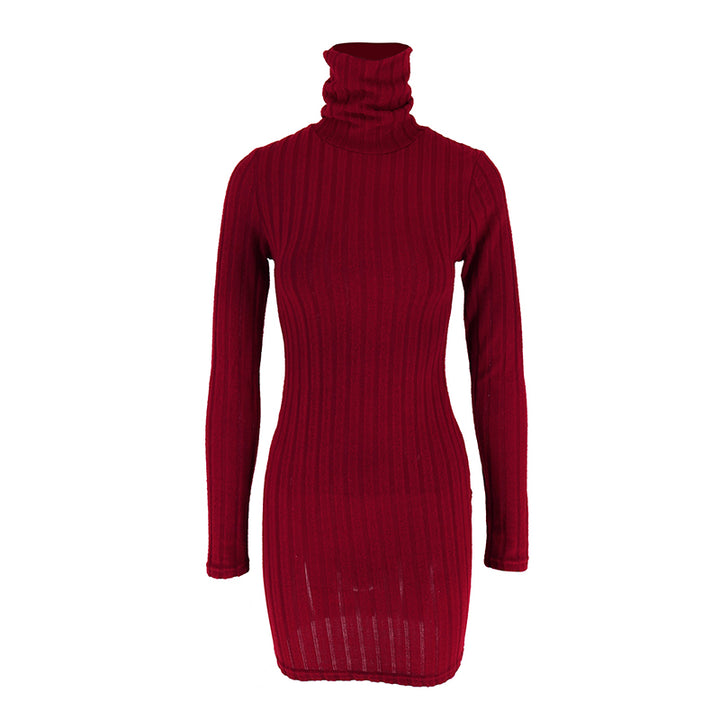 Red High Neck Wide Ribbed Dress