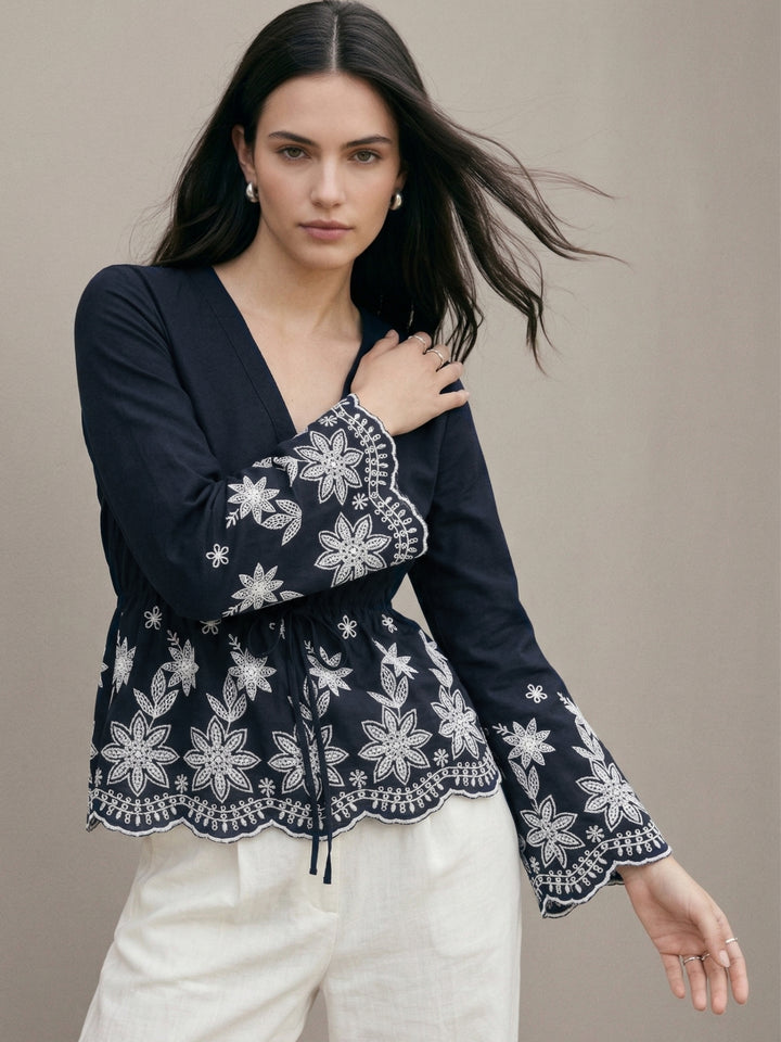 Navy Blue Floral Border Deep V Neck  Blouse