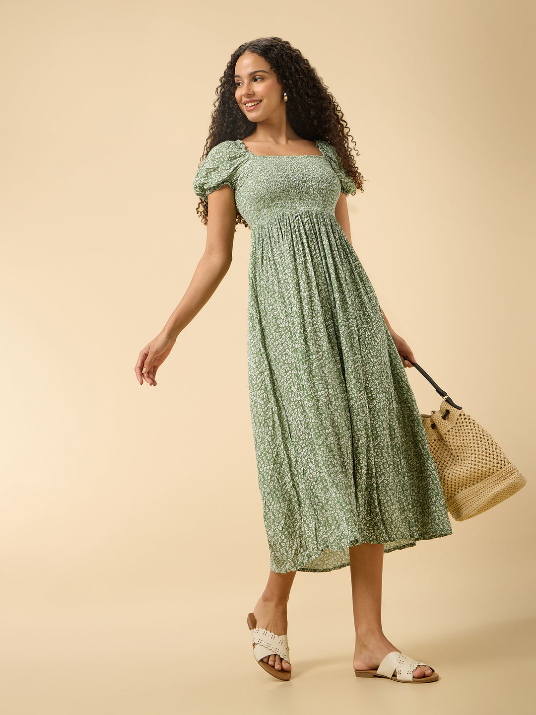 Green A-Line Midi Dress With Smocking And Slit Detail