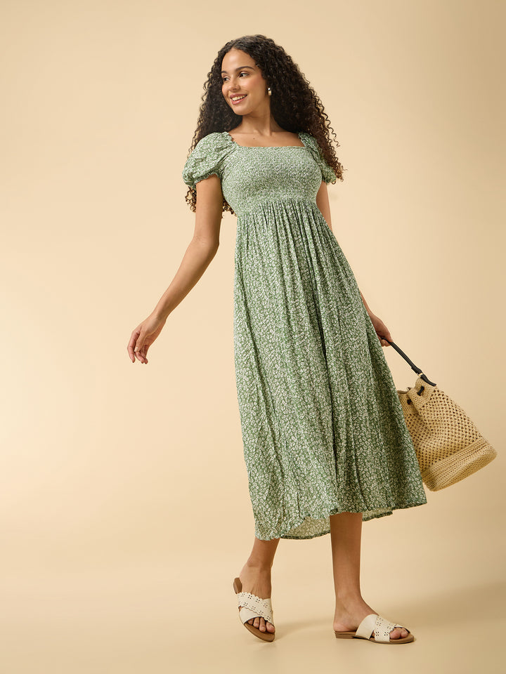 Green A-Line Midi Dress With Smocking And Slit Detail