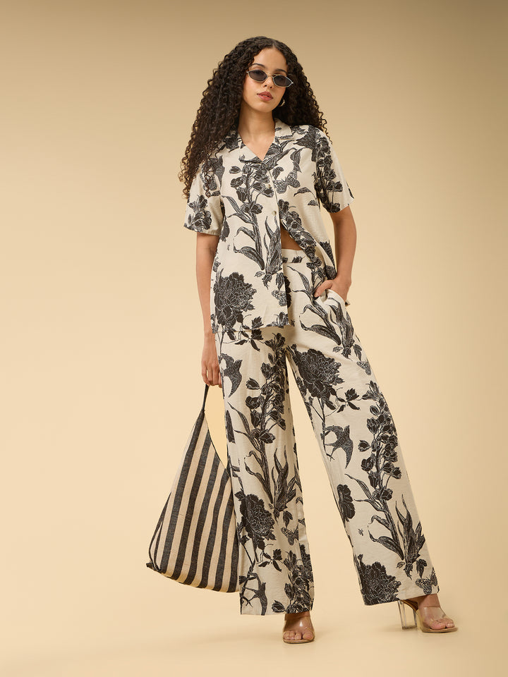 Off White Floral Printed Top And Pants Co-Ord Set