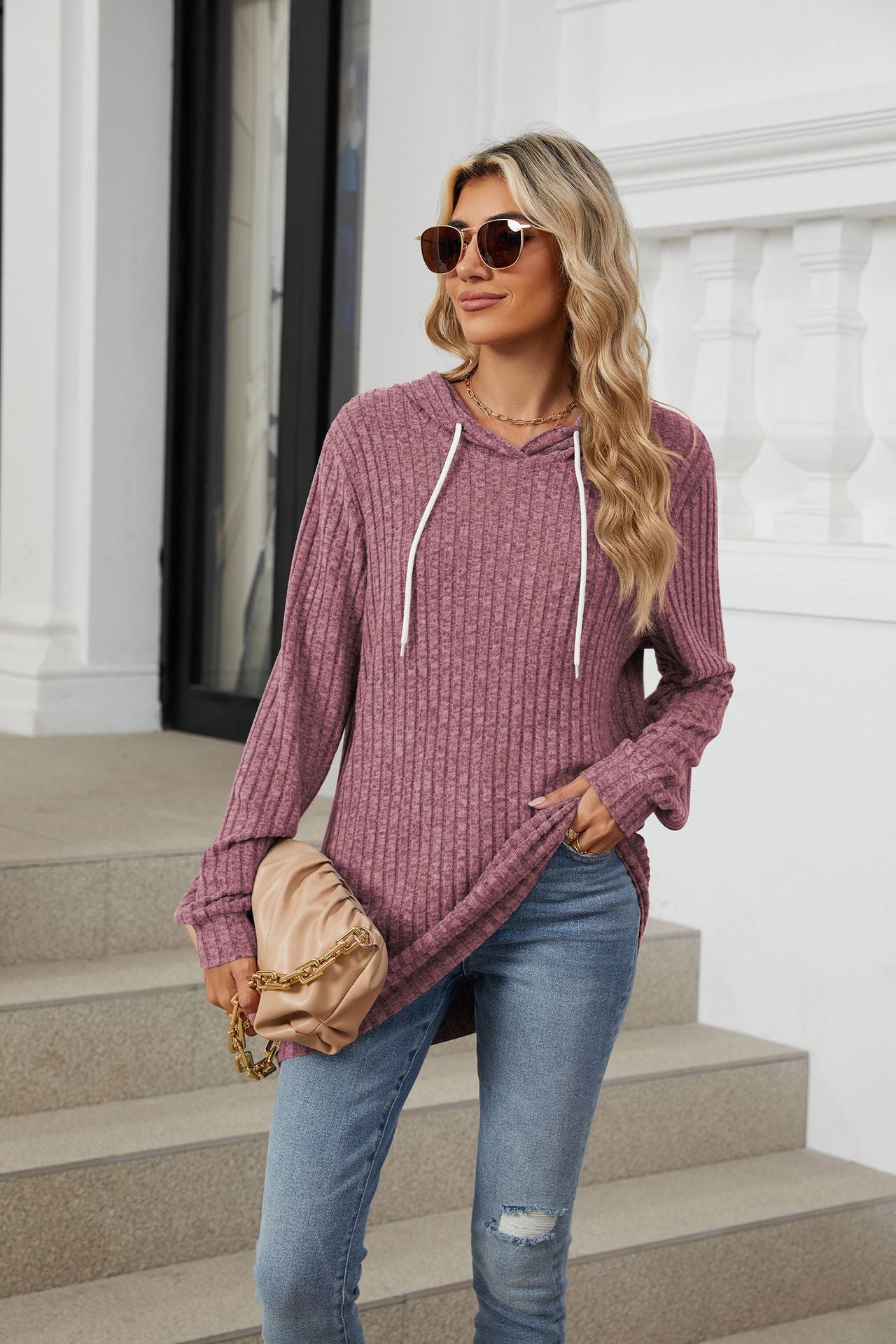 Mauve Full Sleeves Solid Hooded Top