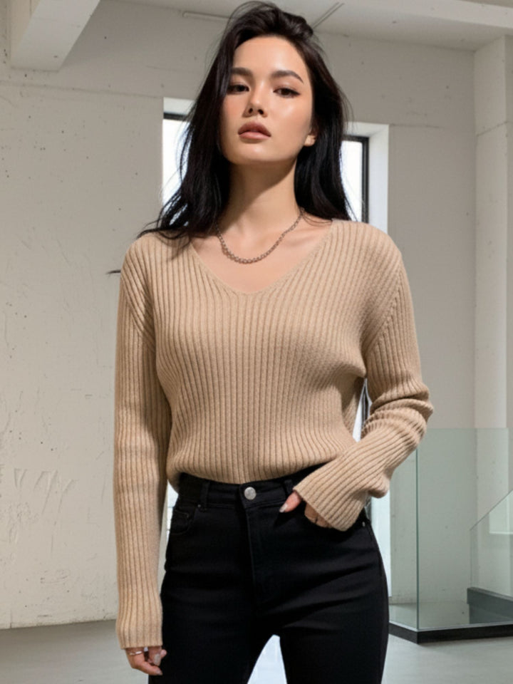 Beige Full Sleeve V Neck Fitted Top