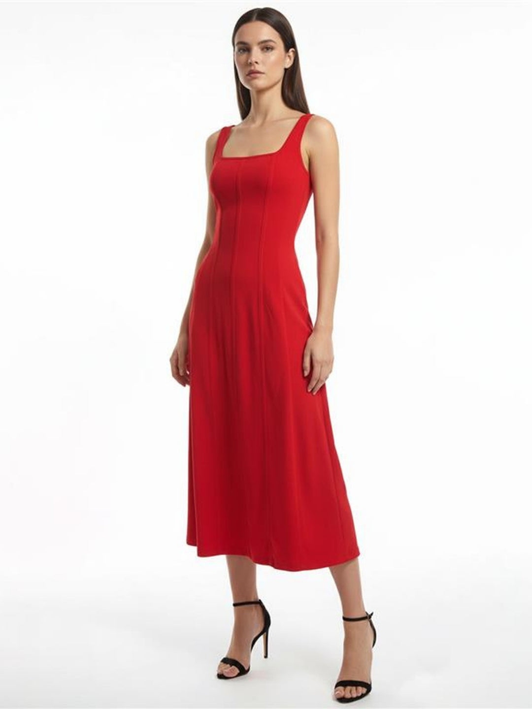 Red Square Neck Solid Flared Dress
