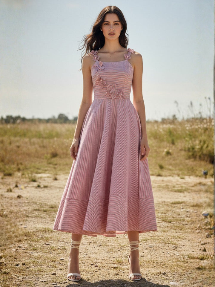 Pink Midi Yarndyed Dress With Cutout Floral Applique Detail