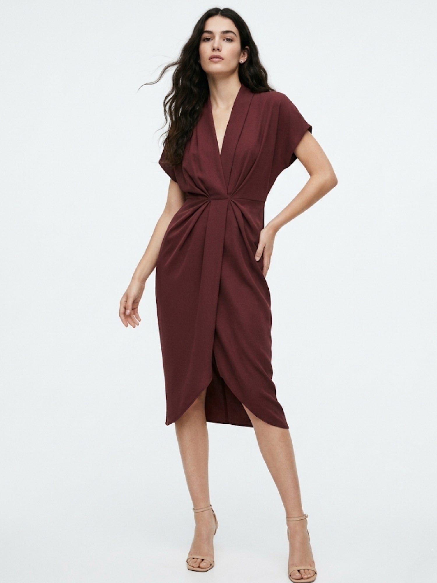 Maroon Short Sleeve V Neck Waist Tie-Up Dress