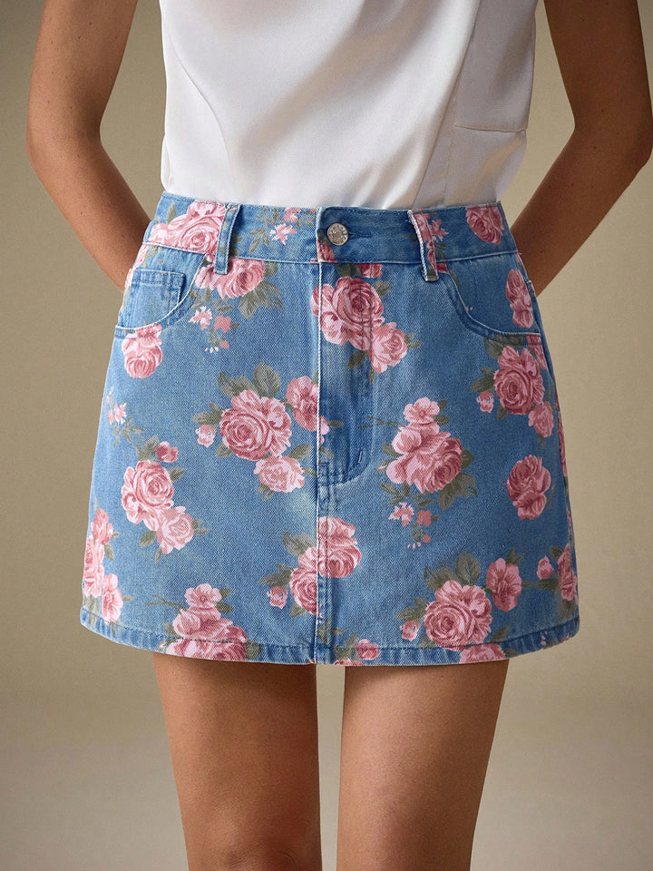 Blue Floral Printed Skirt