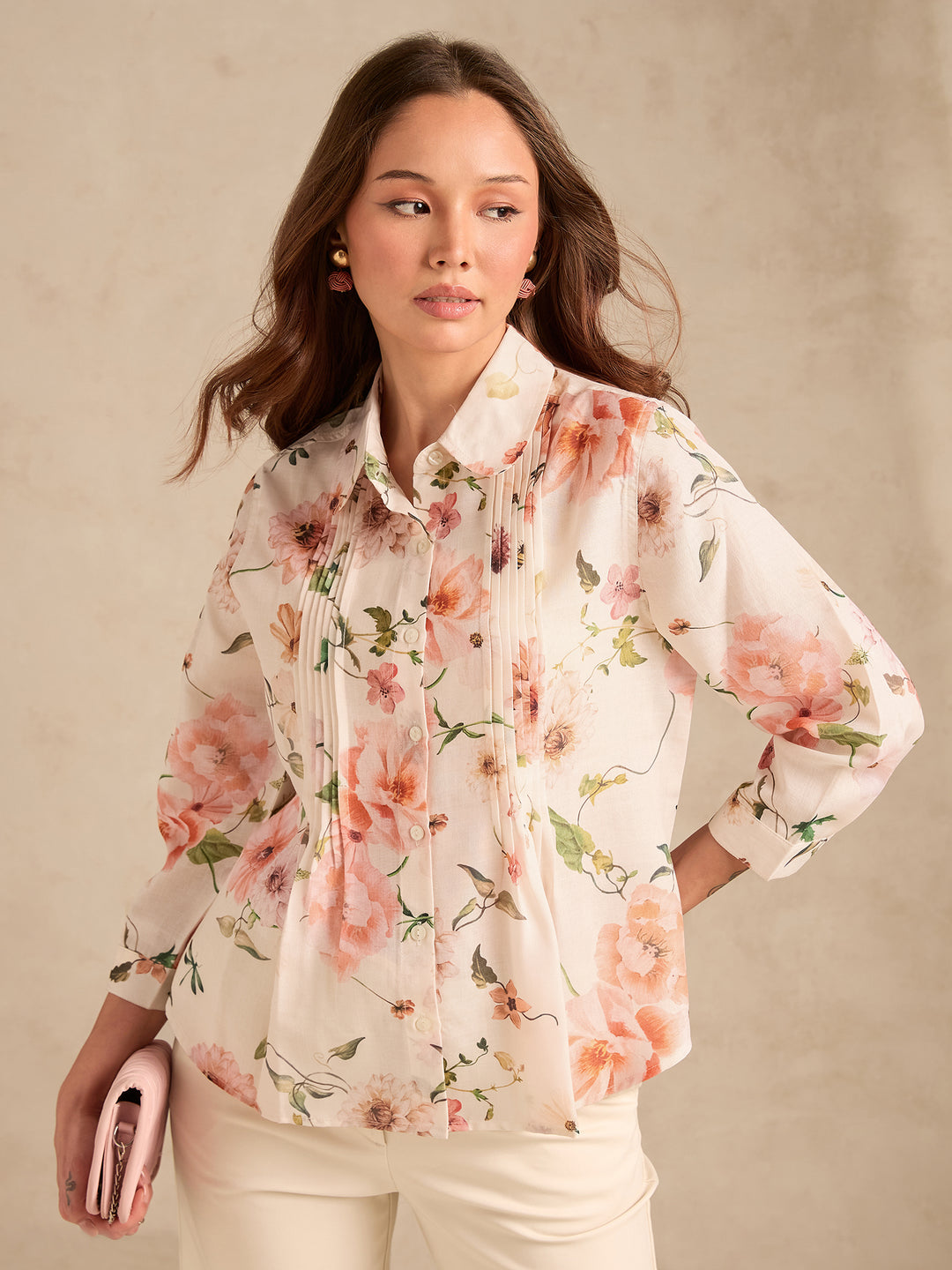 Off-White Regular Fit Printed Shirt with Pintuck Details