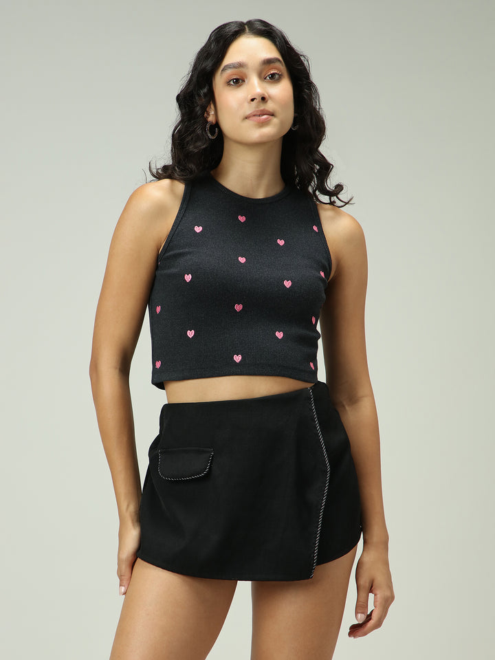 Grey Heart Embroidered Tank Top
