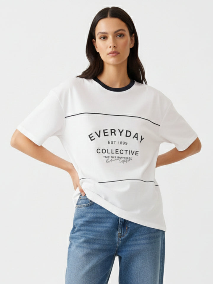 Navy Blue Oversized T-Shirt With Graphic And Cut & Sew Highlights