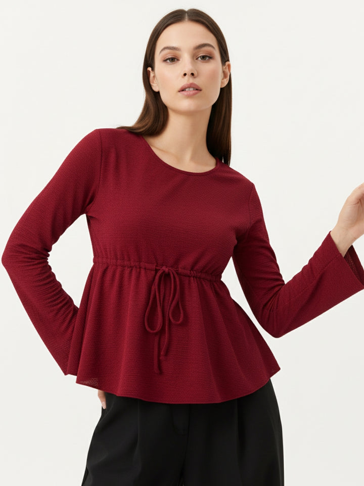 Maroon Round Neck Peplum Top With Full Sleeves