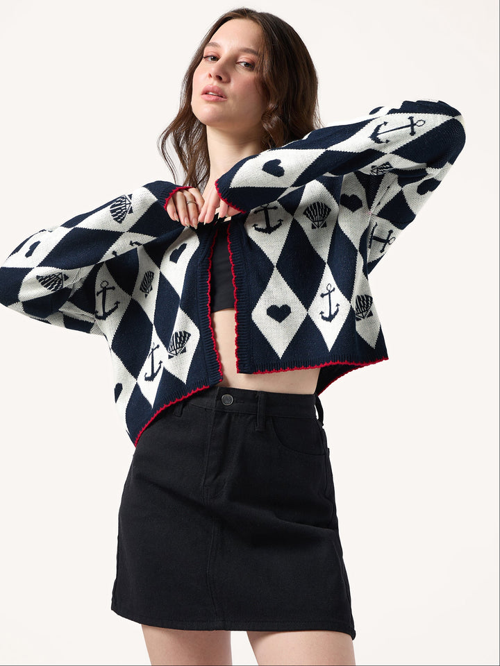 Navy Blue Graphic Tie Up Cardigan