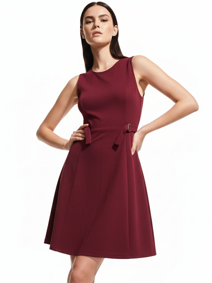 Wine Mini Flared Dress With Buckle Detail At Waist