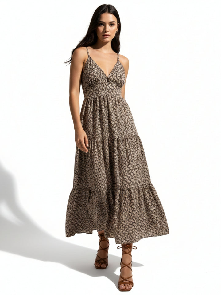 Brown Spaghetti Strap Tiered Dress