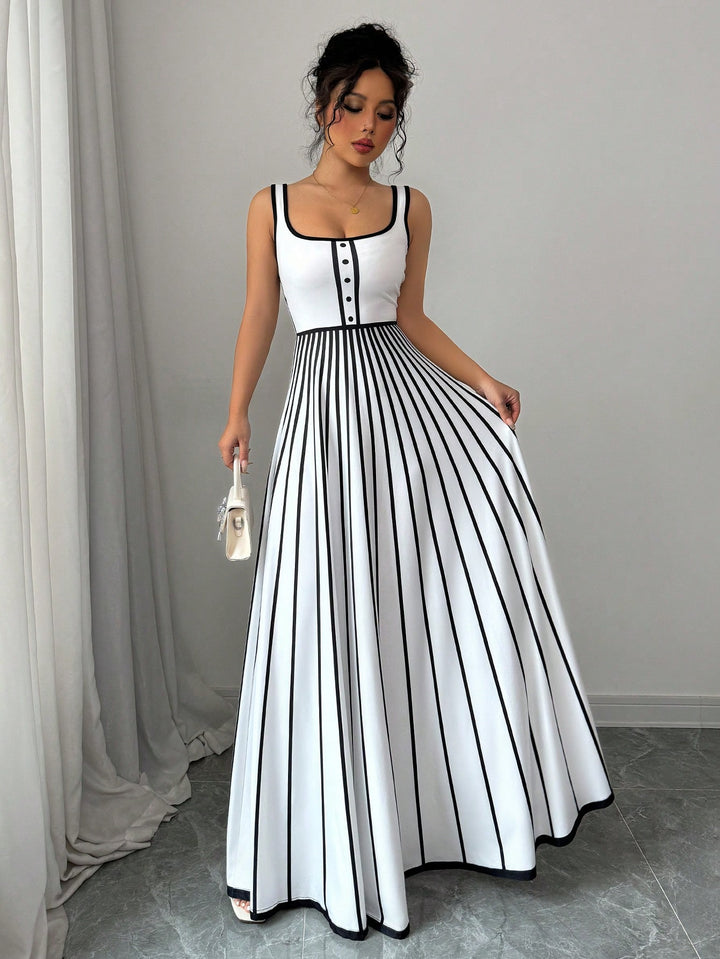 White Contrast Highlighting Sleeveless Flared Dress