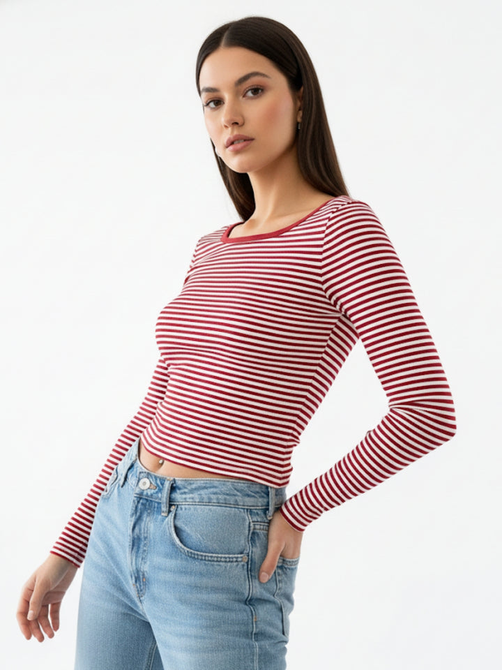 Red Boat Neck Fitted Striped Top