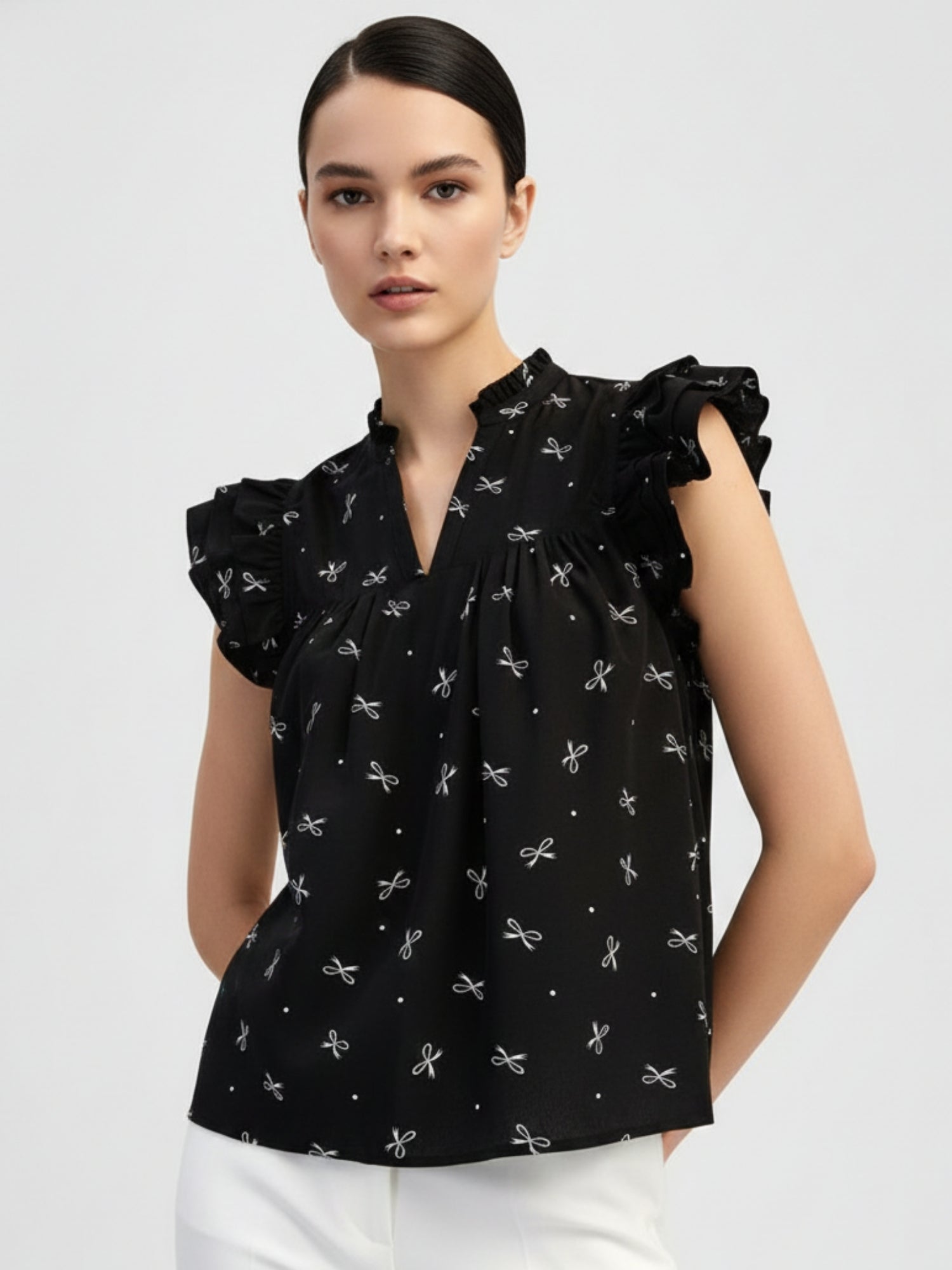 Black Ruffle Sleeve Printed Top