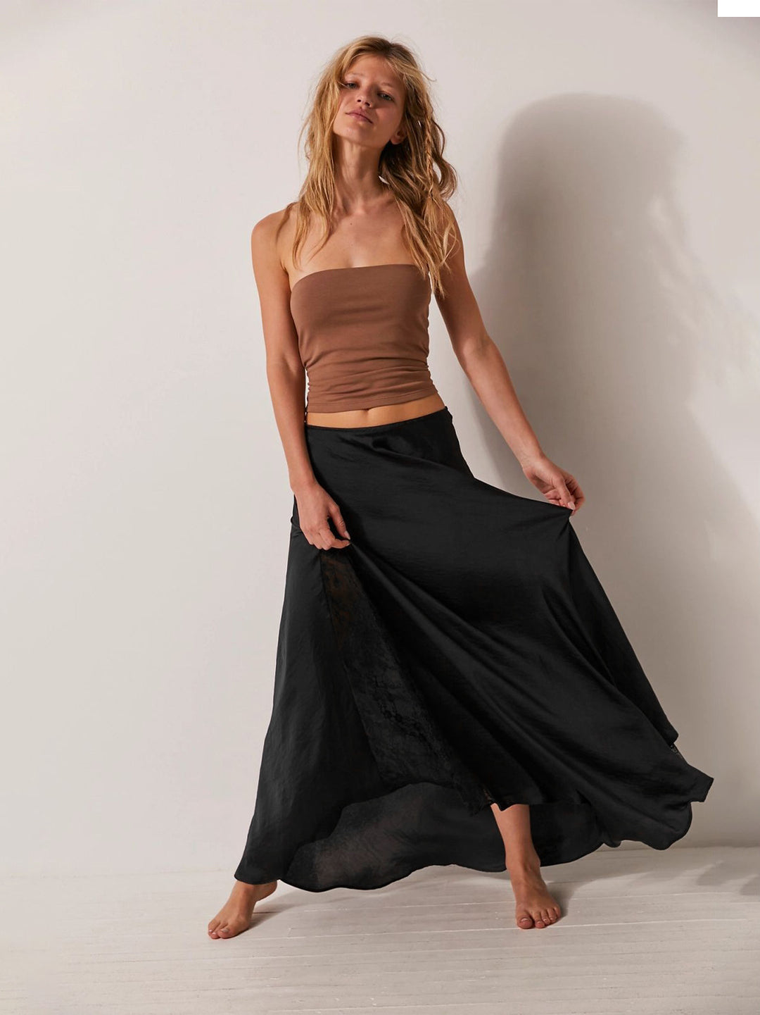 Black Lace Detail Flared Skirt