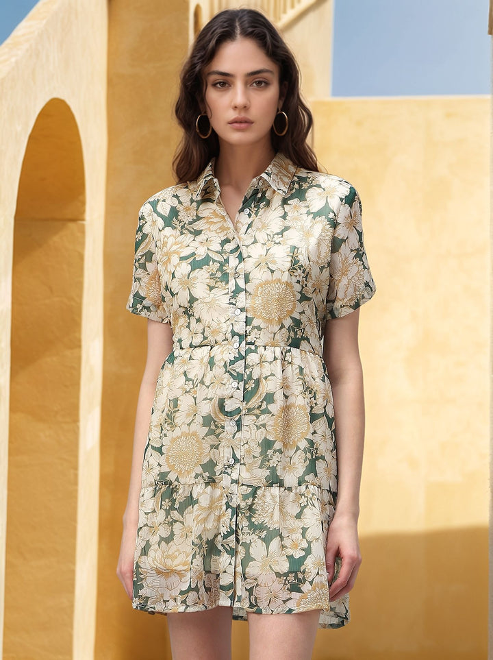 Green Bold Floral Tiered Dress