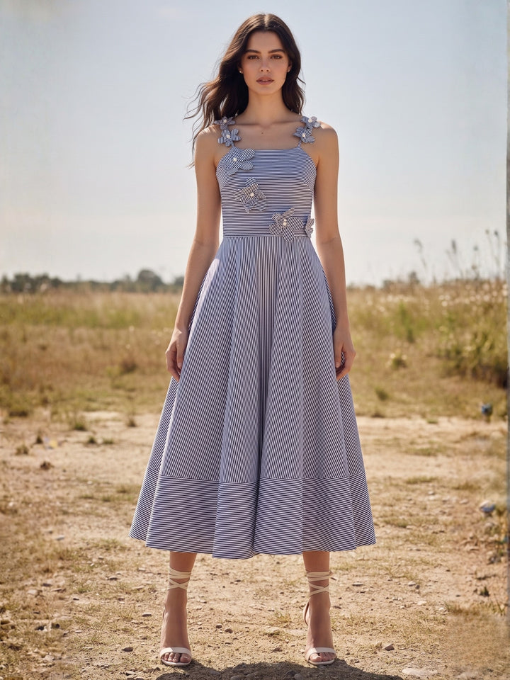 Blue Midi Yarndyed Dress With Cutout Floral Applique Detail