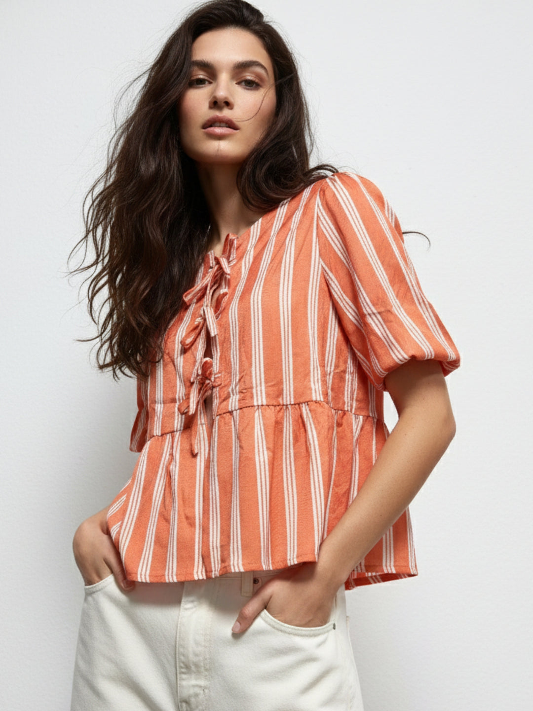 Orange Puff Sleeve Striped Bow Tie-Up Blouse