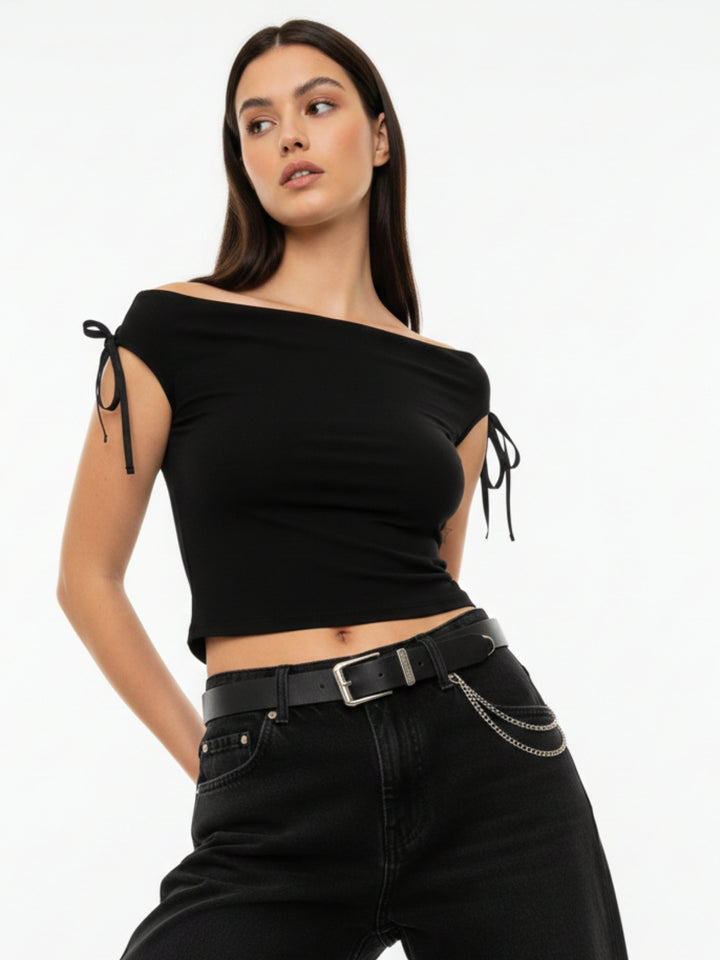 Black Off Shoulder Tie-Up Top